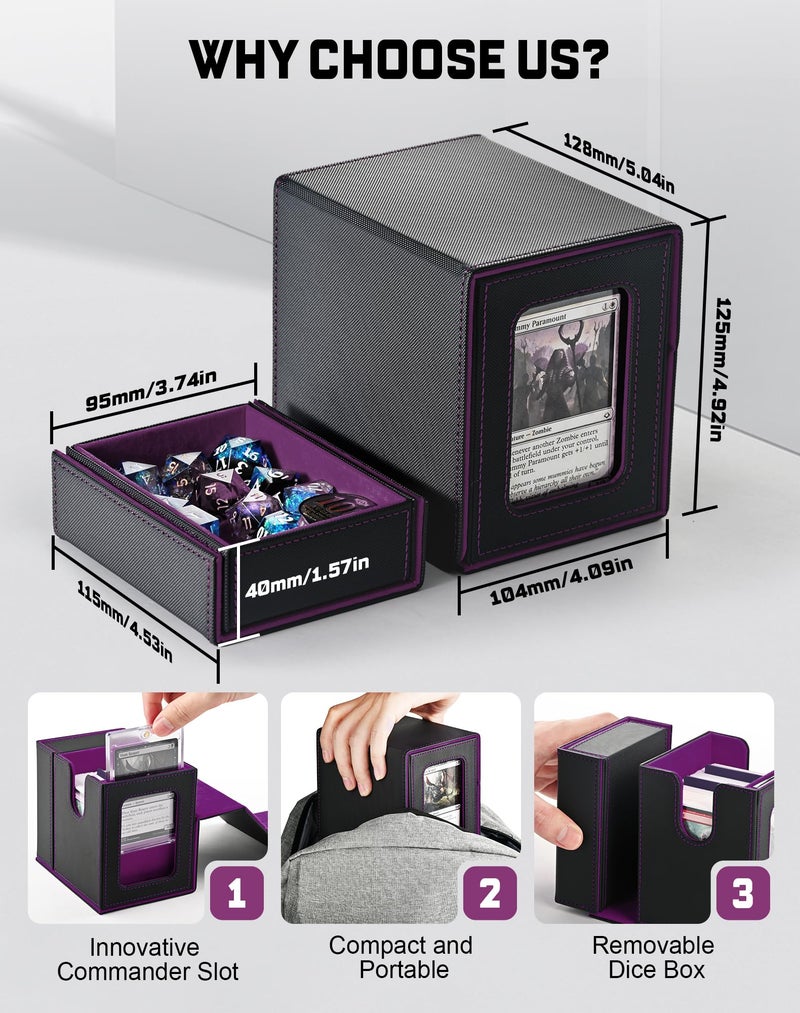 ZLCA MTG Deck Box  Commander Deck Box with Display Window  Card Deck Box Holds 100 Double-Sleeved Cards with Dice Tray & 35pt Magnetic Card Holder(Black& purple) - Image 2